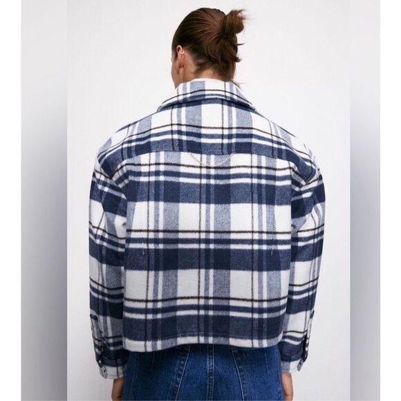 Zara Plaid Blue Flannel Shacket Cropped Button Up Jacket Medium - Picture 11 of 11